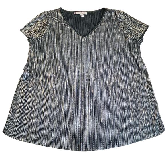 Jennifer Lopez Black Silver Metallic Shiny Short Sleeve Top Blouse Women Sz M - Picture 7 of 12